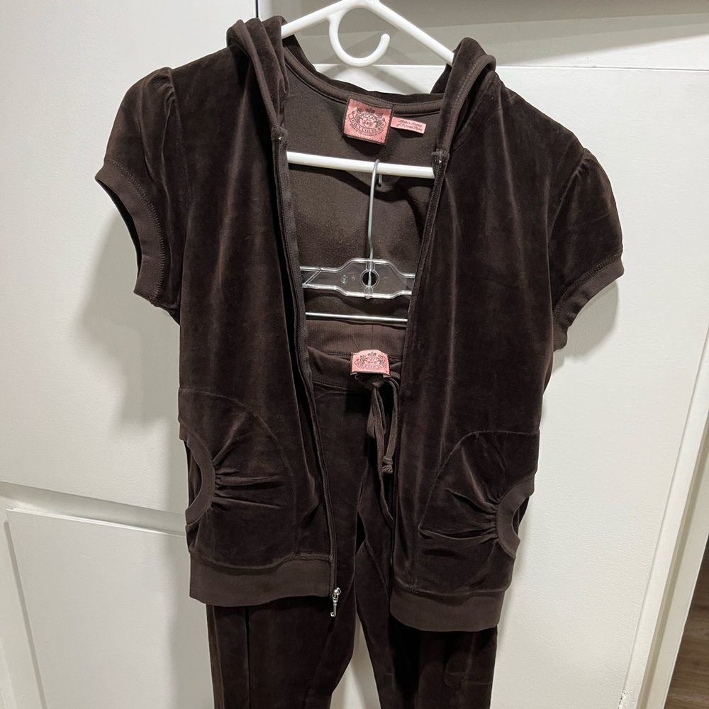 Vintage Y2K Juicy Couture Velours Matching TrackSuit Sz Top L Pants M Dark Brown